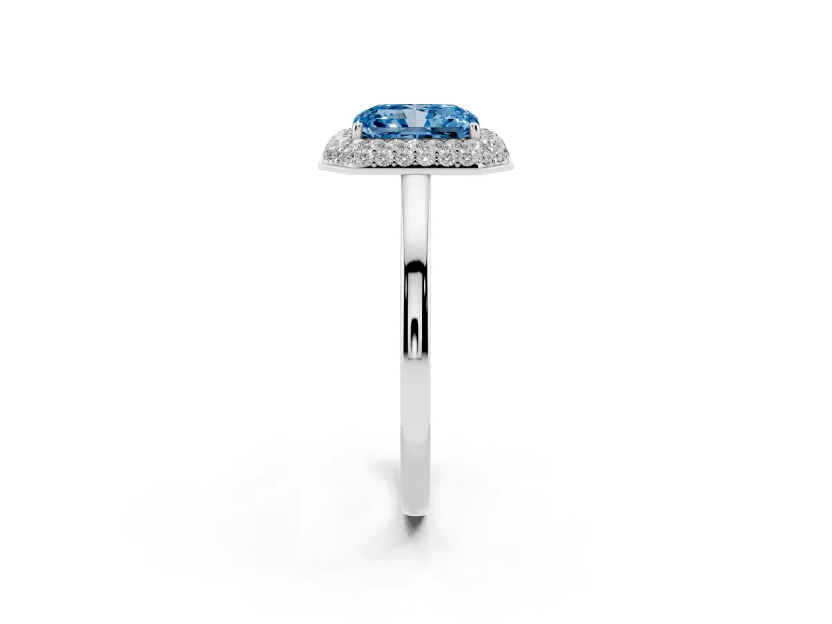 Fancy Blue Radiant Cut Halo Diamond Engagement Ring with Solitaire Band and Four-Prong Setting Platinum