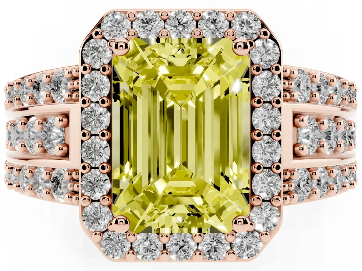 Fancy Yellow Emerald Cut Halo Diamond Ring with Round Split Shank and Prong Setting Rose gold