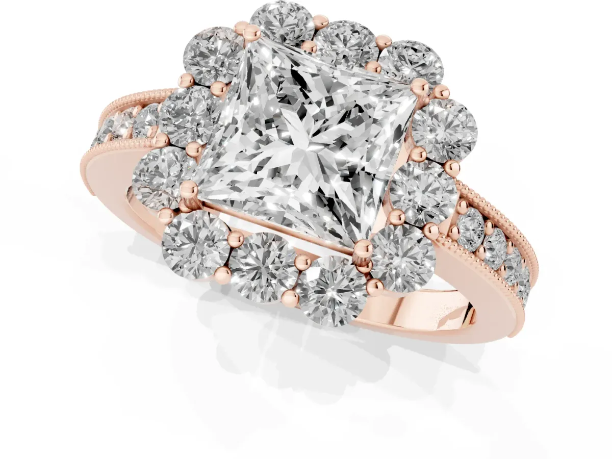 Princess Cut Cut Halo Diamond Pavé Engagement Ring with Milgrain Detailing Rose gold