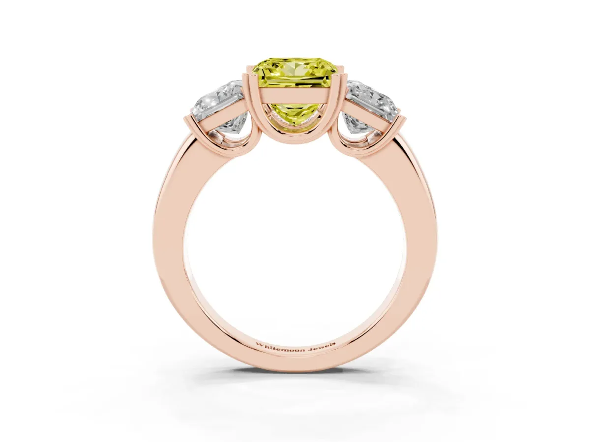 Fancy Yellow Three-Stone Princess Cut Cut Diamond Ring with Channel Set Band and Four-Prong Setting Rose gold