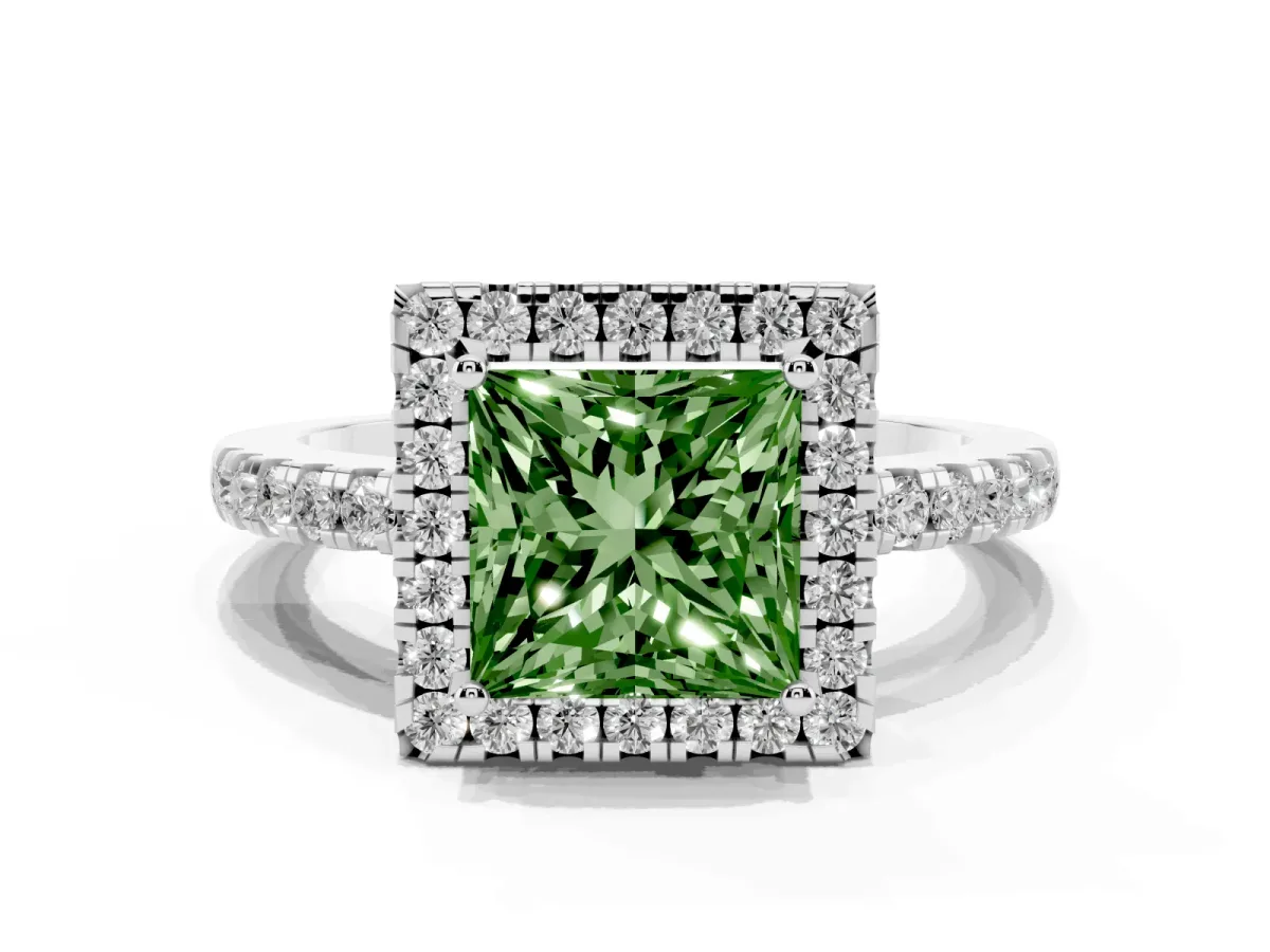 Fancy Green Princess Cut Halo Diamond Engagement Ring with Pavé Band and Four-Prong Setting Platinum