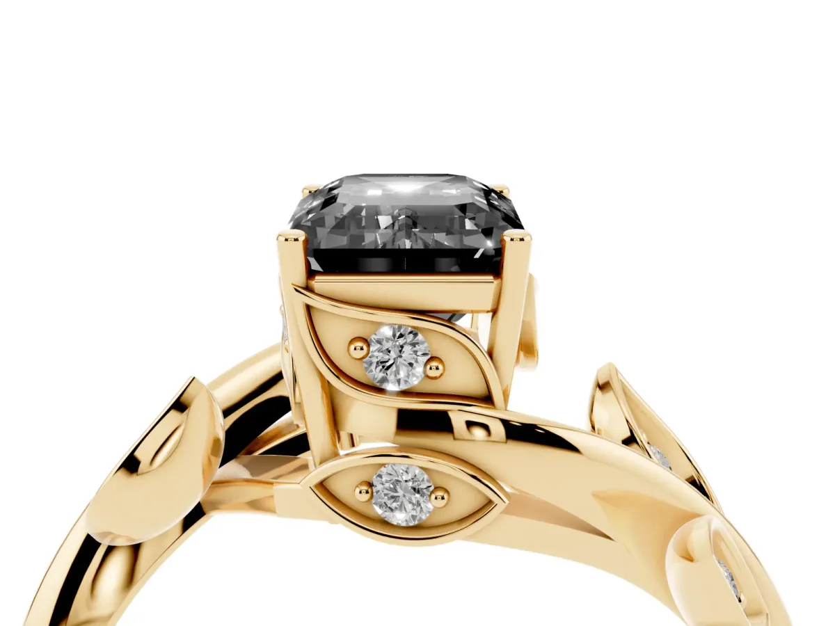 Fancy Black Emerald Cut Solitaire Twist Engagement Ring with Leaf Accents and Prong Setting Yellow gold