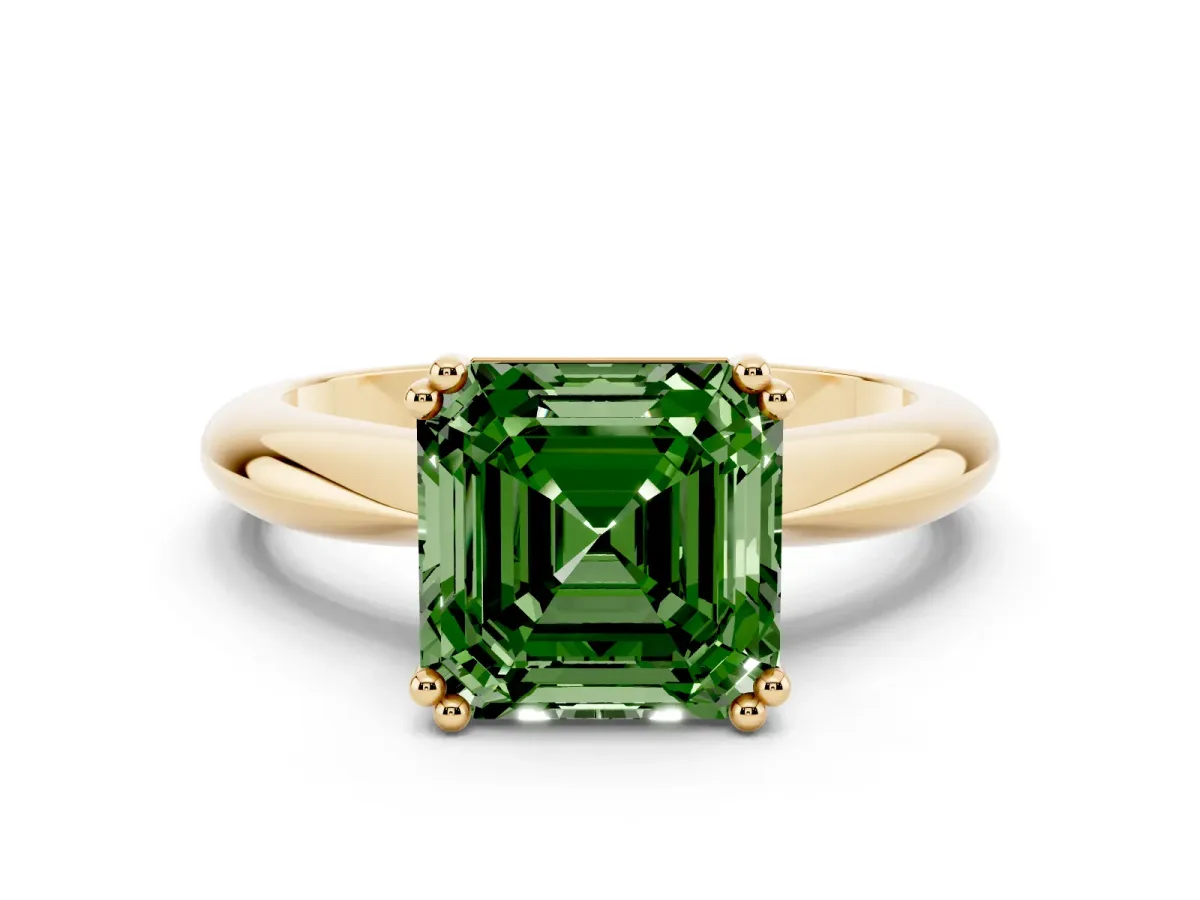 Fancy Green Asscher Cut Cut Solitaire Engagement Ring with Tapered Band and Four-Prong Setting Yellow gold