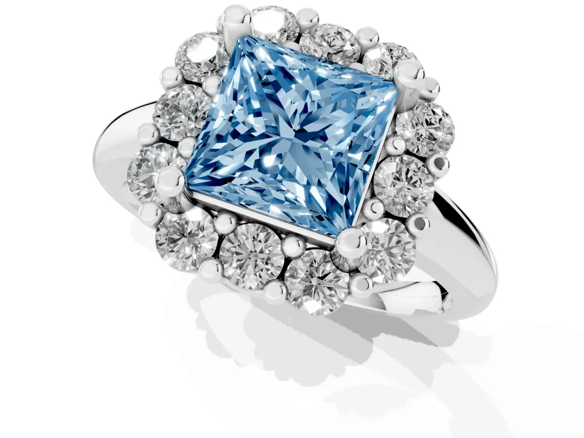 Fancy Blue Princess Cut Halo Cluster Diamond Engagement Ring with Prong Setting and Polished Band Platinum