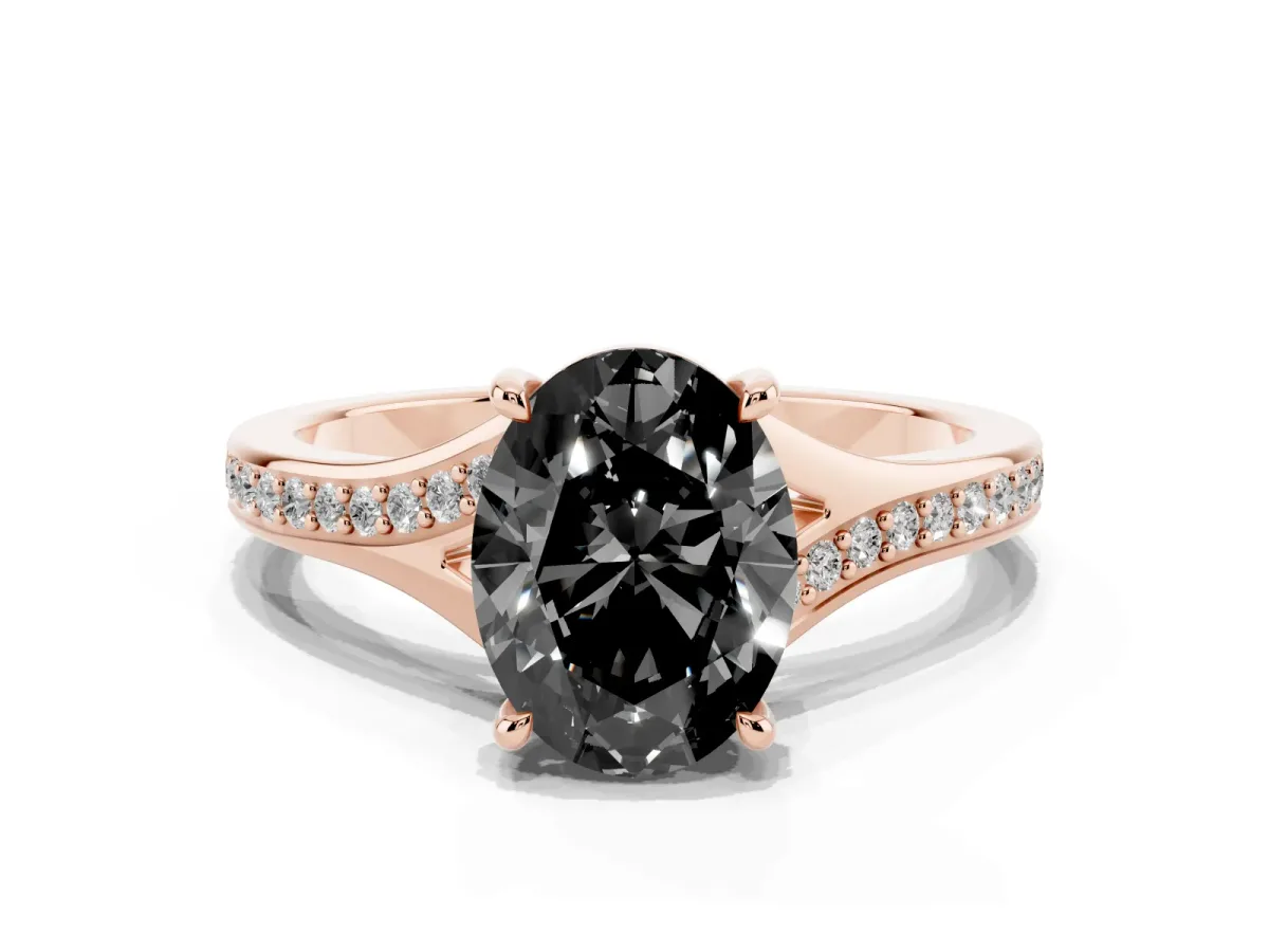 Fancy Black Oval Cut Diamond Solitaire Ring with Pavé Band and Prong Setting Rose gold