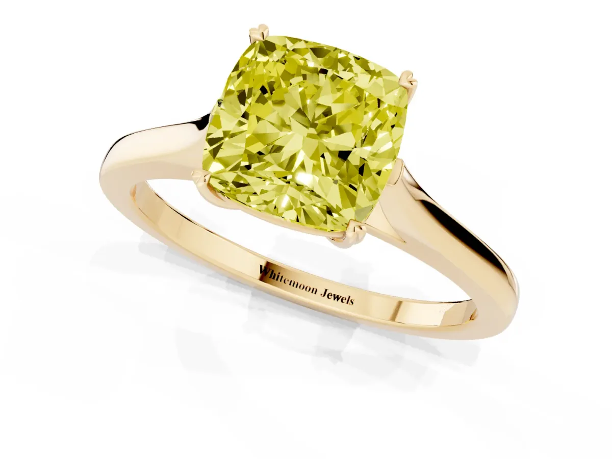 Fancy Yellow Cushion Cut Solitaire Heart Prong Engagement Ring with Tapered Band Yellow gold
