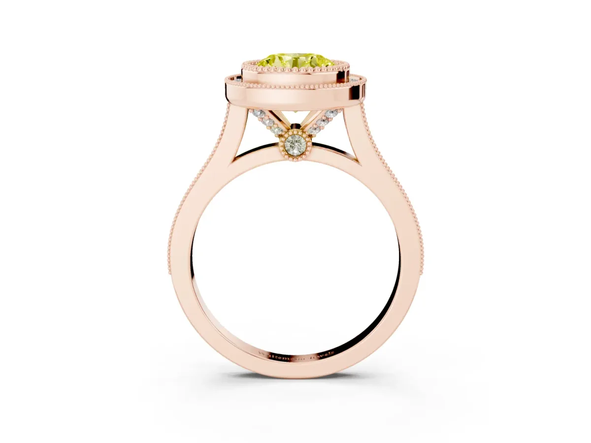 Fancy Yellow Round Cut Diamond Halo Ring with Milgrain Frame and Pavé Band Rose gold