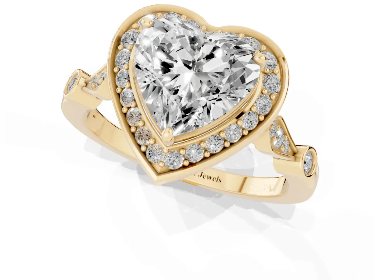 Heart Cut Halo Diamond Engagement Ring with Twisted Band and Four-Prong Setting Yellow gold