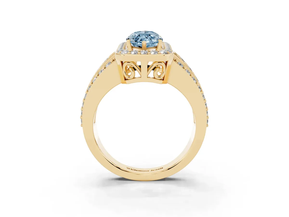Fancy Blue Marquise Cut Halo Diamond Ring with Round Split Shank and Prong Setting Yellow gold