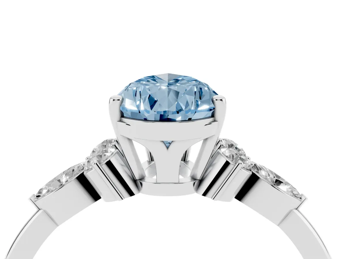 Fancy Blue Pear Cut Brilliant Diamond Solitaire Ring with Pear Side Stones and Four-Prong Setting Silver