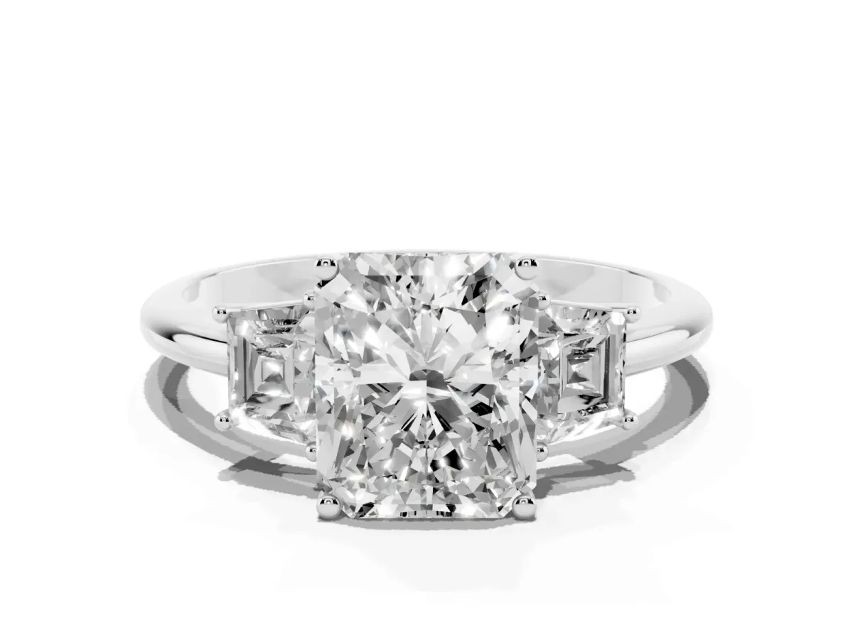 Radiant Cut Diamond Three-Stone Ring with Trapezoid Side Stones and Prong Setting Platinum