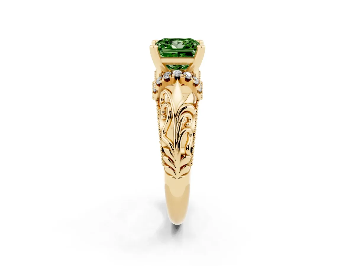 Fancy Green Princess Cut Solitaire Filigree Engagement Ring with Halo and Prong Setting Yellow gold