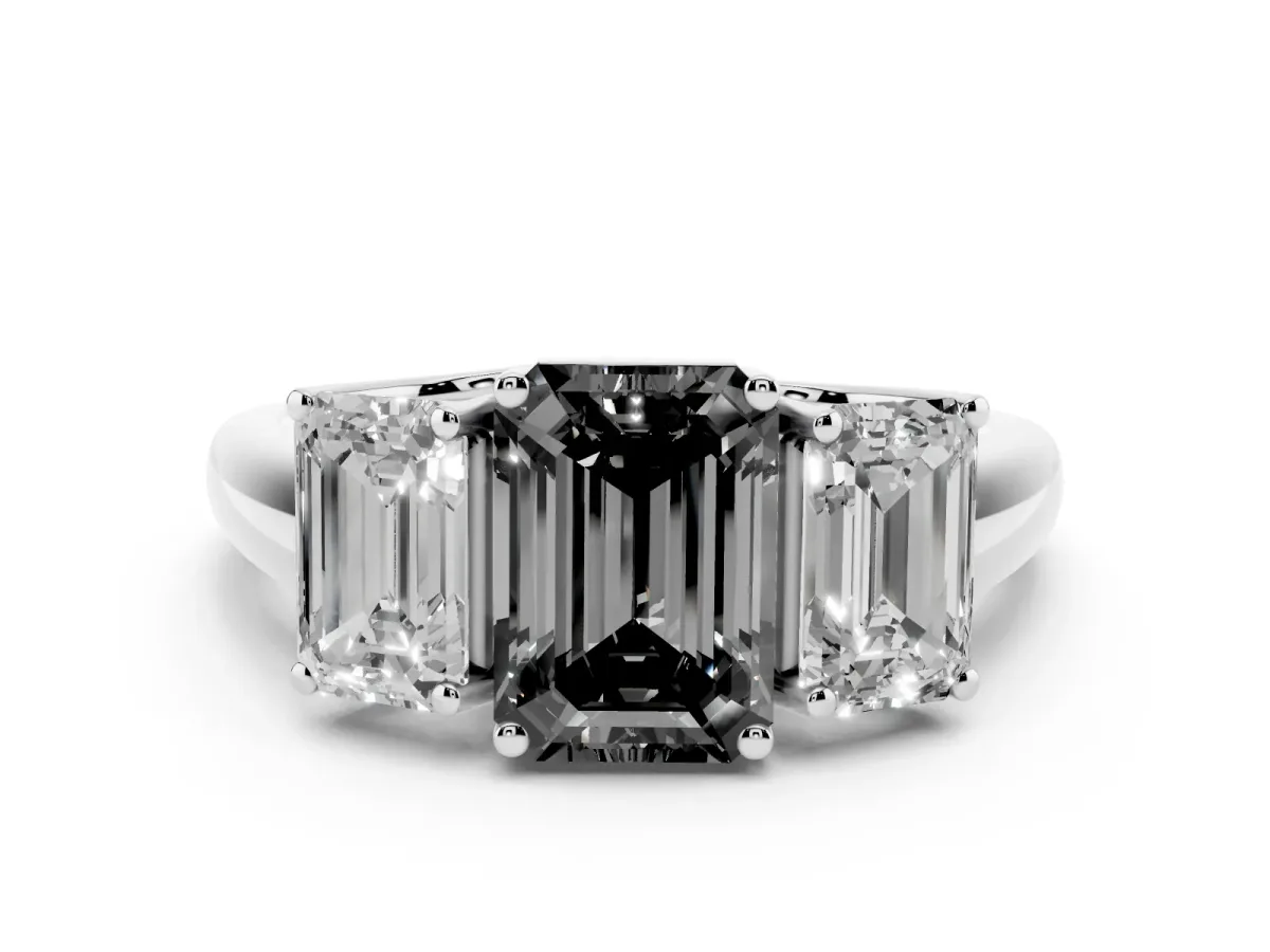 Fancy Black Three-Stone Emerald Cut Diamond Engagement Ring with Prong Setting Silver