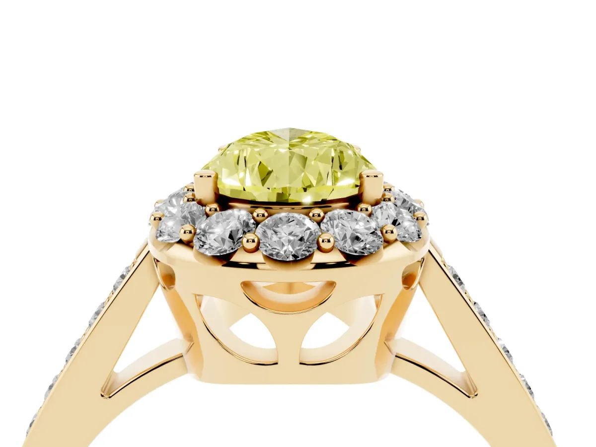 Fancy Yellow Pear Cut Diamond Floral Halo Ring with Pavé Band and Prong Setting Yellow gold