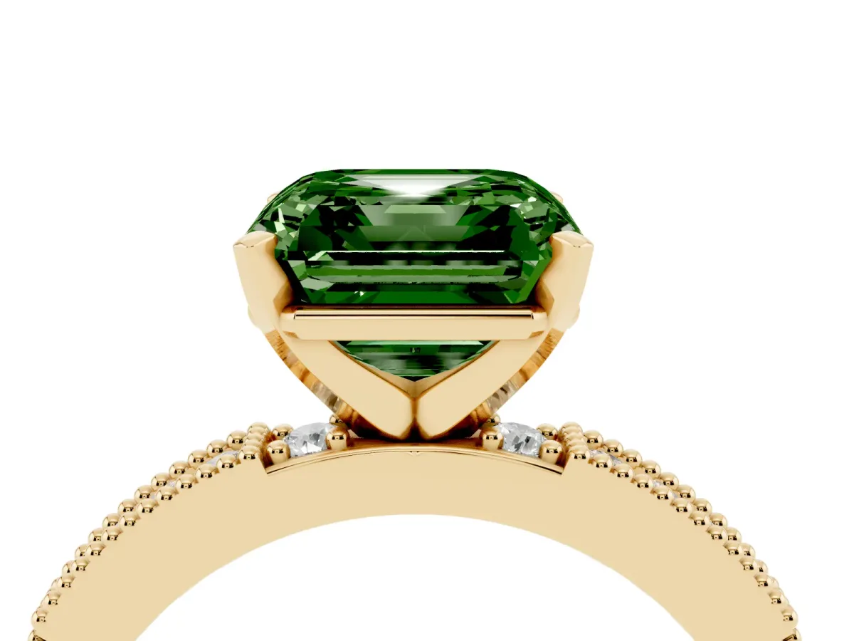 Fancy Green Asscher Cut Solitaire with Pavé Band and Four-Prong Setting Yellow gold