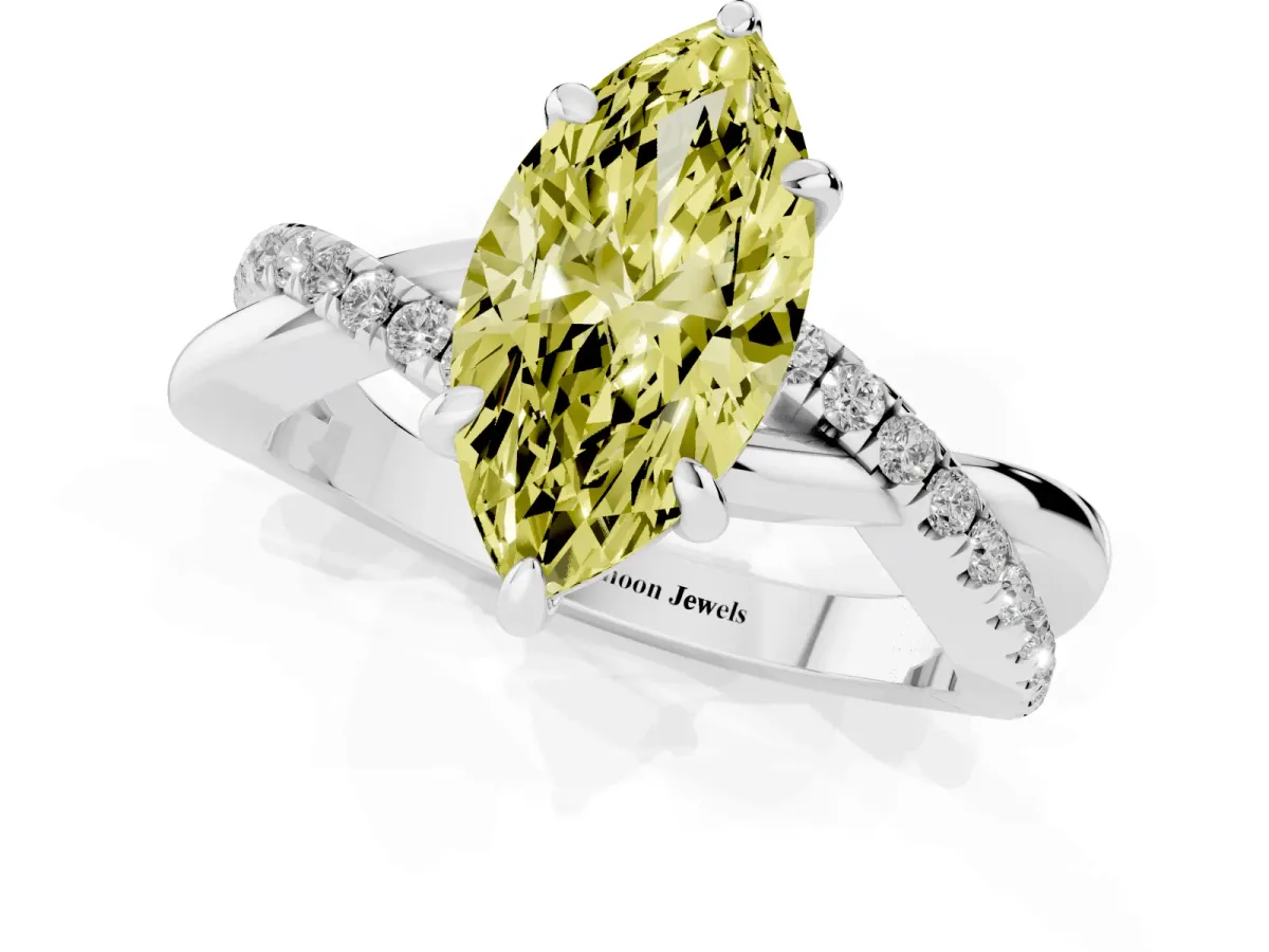 Fancy Yellow Marquise Cut Cut Diamond Twist Band Solitaire with Prong Setting Silver