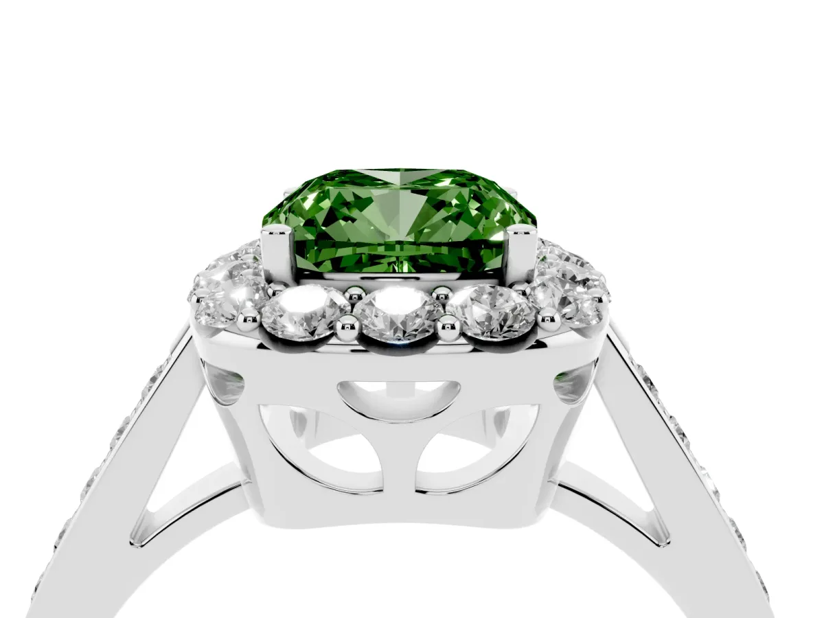 Fancy Green Cushion Cut Diamond Floral Halo Ring with Pavé Band and Prong Setting White gold