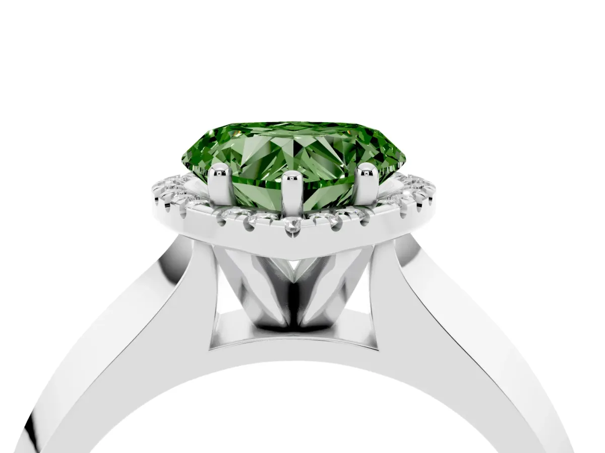 Fancy Green Heart Cut Halo Diamond Ring with Cathedral Band and Four-Prong Setting White gold