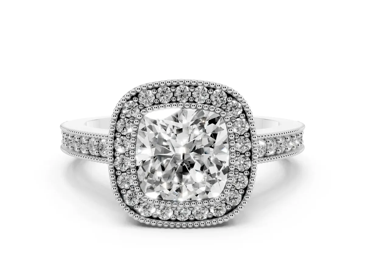 Cushion Cut-Cut Diamond Halo Engagement Ring with Pave Band and Prong Setting Platinum