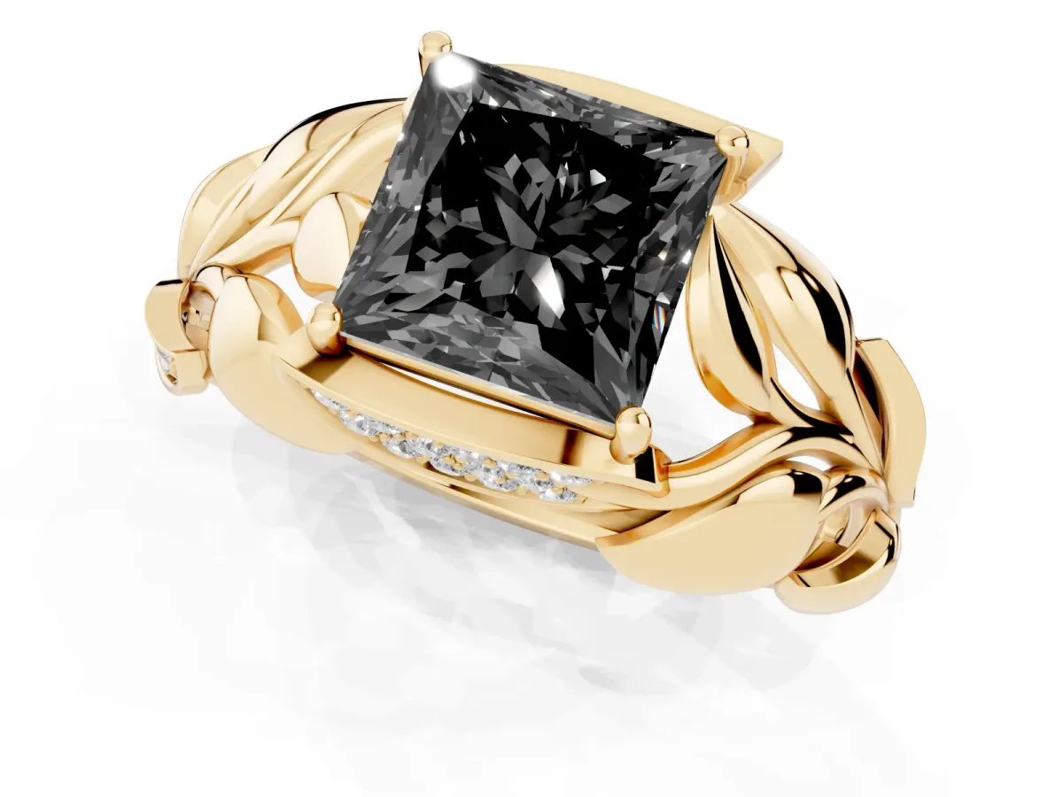 Fancy Black Princess Cut Diamond Leaf-Inspired Engagement Ring with Round Accents and Prong Setting Yellow gold