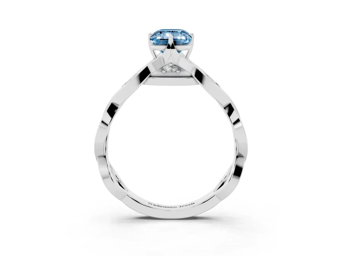 Fancy Blue Emerald Cut Solitaire Twist Band with Leaf Prong Setting Platinum