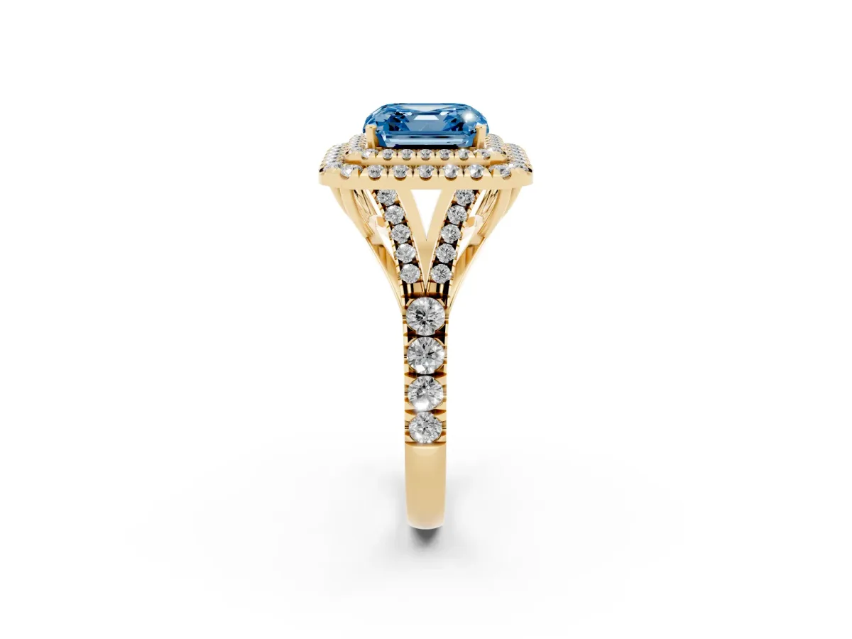 Fancy Blue Asscher Cut Cut Double Halo Split Shank Diamond Ring with Prong Setting Yellow gold