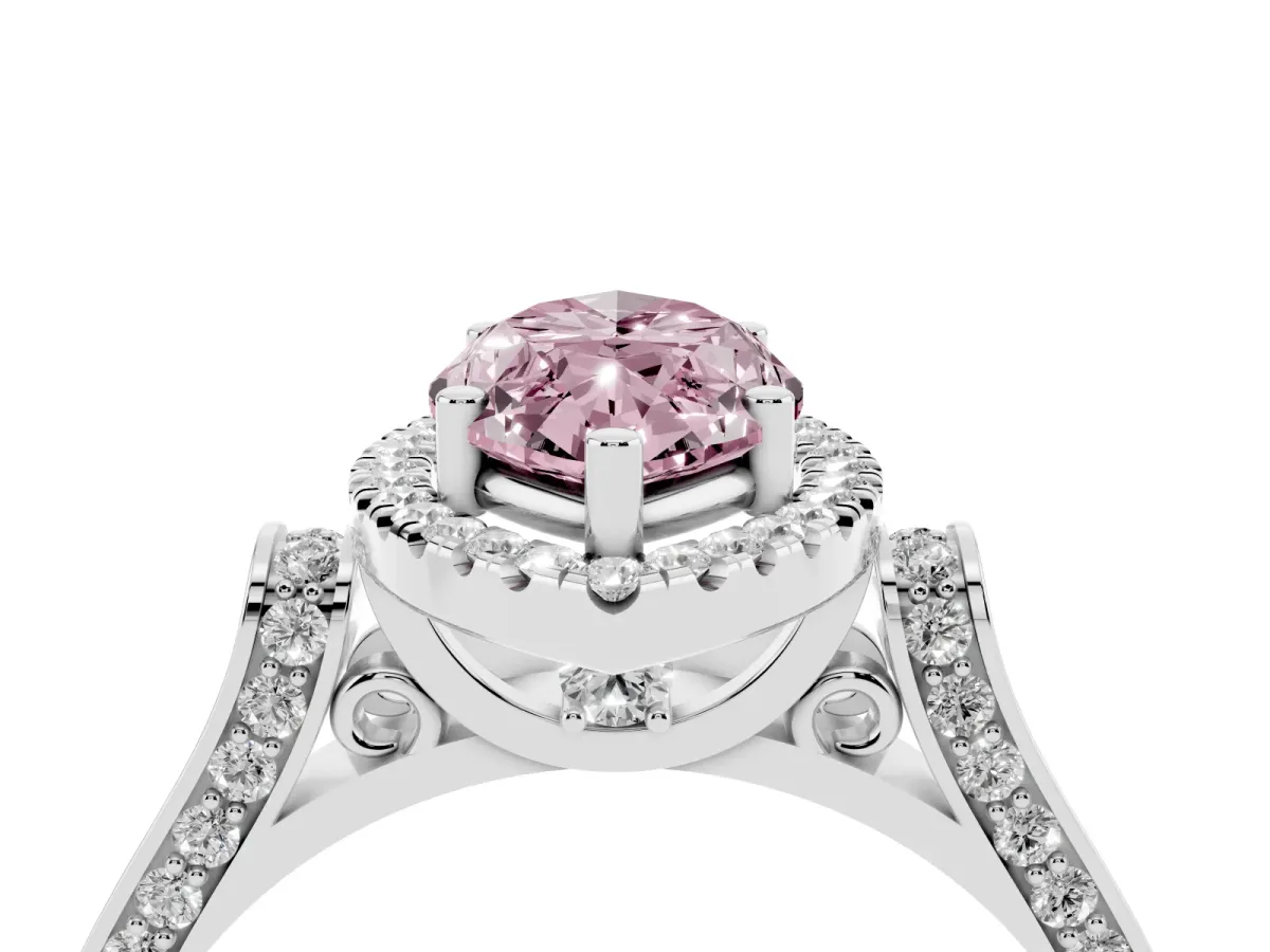 Fancy Pink Marquise Cut Halo Round Diamond Twist Band with Four-Prong Setting Silver