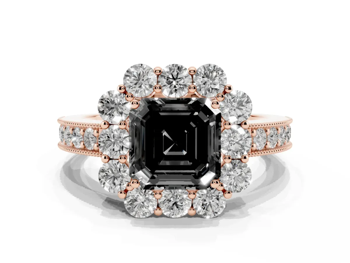 Fancy Black Asscher Cut Cut Halo Diamond Pavé Engagement Ring with Milgrain Detailing Rose gold