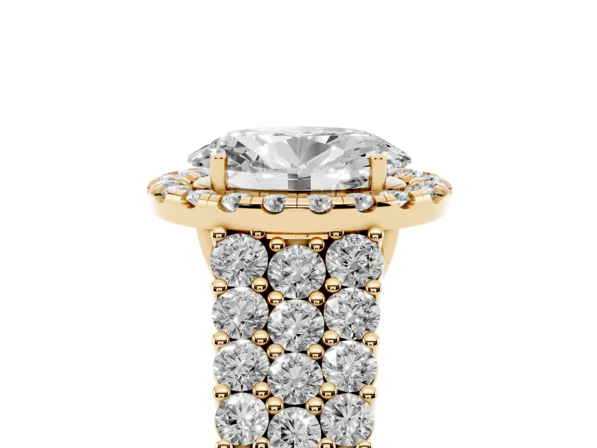 Oval Cut Diamond Halo Engagement Ring with Triple Row Round Pavé Band and Prong Setting Yellow gold