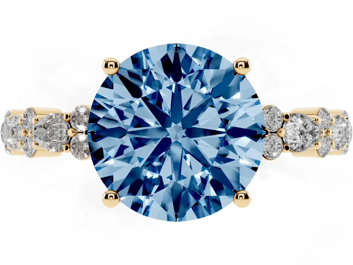 Fancy Blue Round Cut Diamond Side Stone Solitaire Ring with Round and Four-Prong Setting Yellow gold