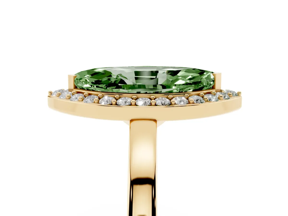 Fancy Green Marquise Cut Halo Diamond Ring with Solitaire Band and Prong Setting Yellow gold