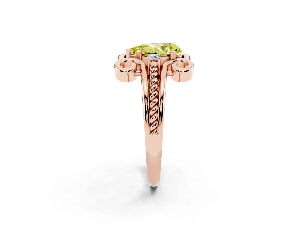 Fancy Yellow Pear Cut Solitaire Twisted Band Scroll Prong Ring Rose gold