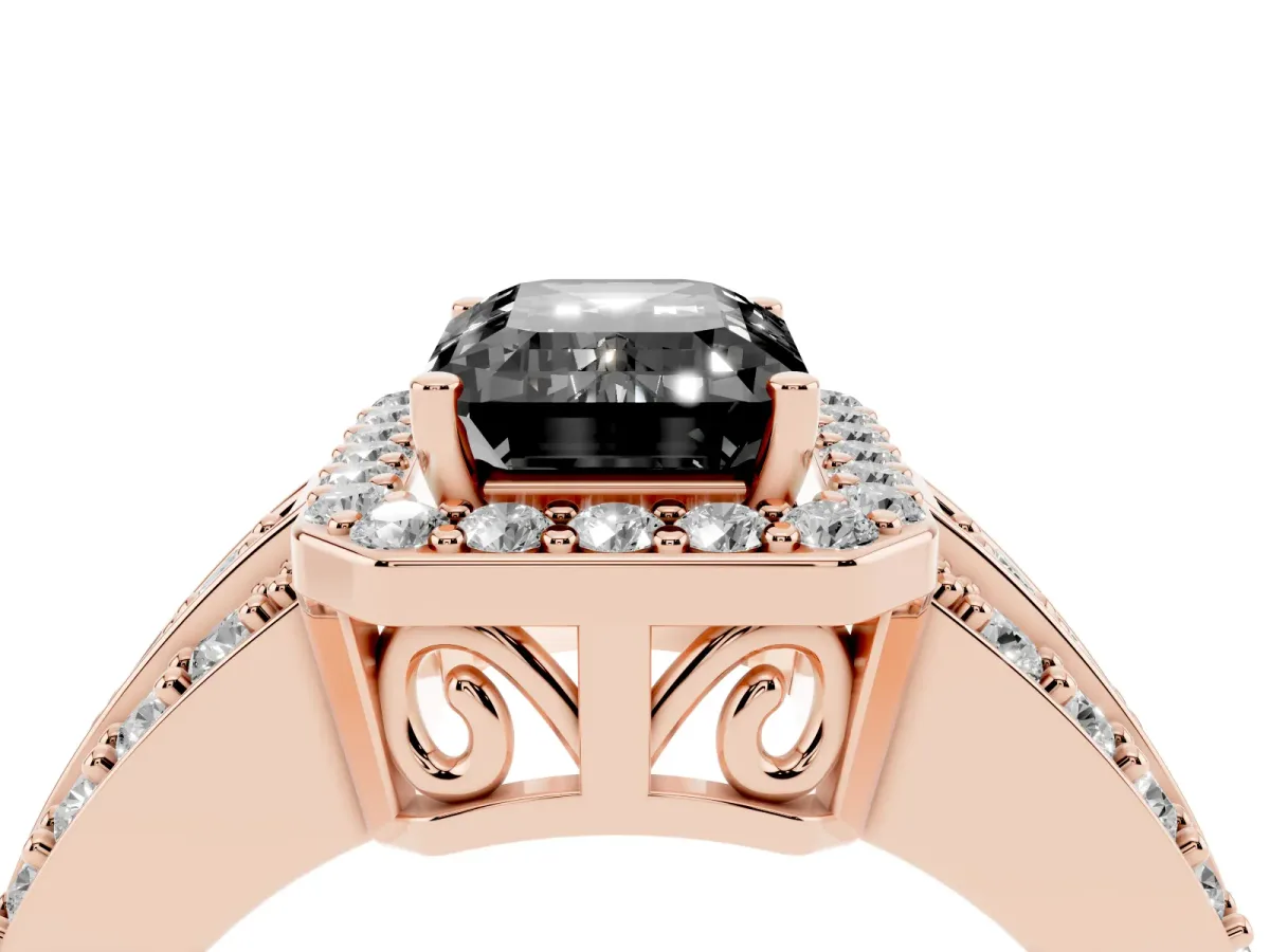 Fancy Black Emerald Cut Halo Diamond Ring with Round Split Shank and Prong Setting Rose gold