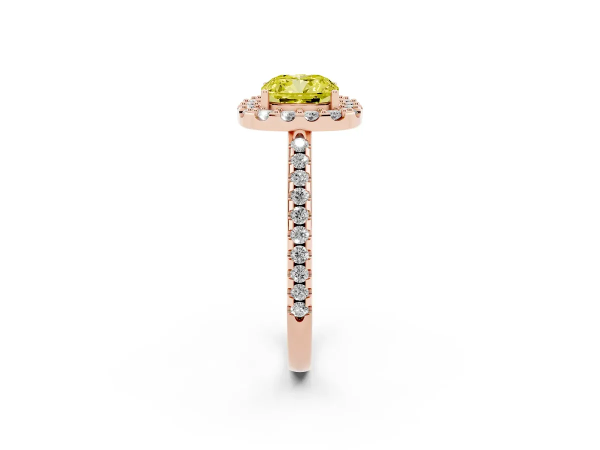 Fancy Yellow Cushion Cut Diamond Pavé Halo Ring with Four-Prong Setting Rose gold