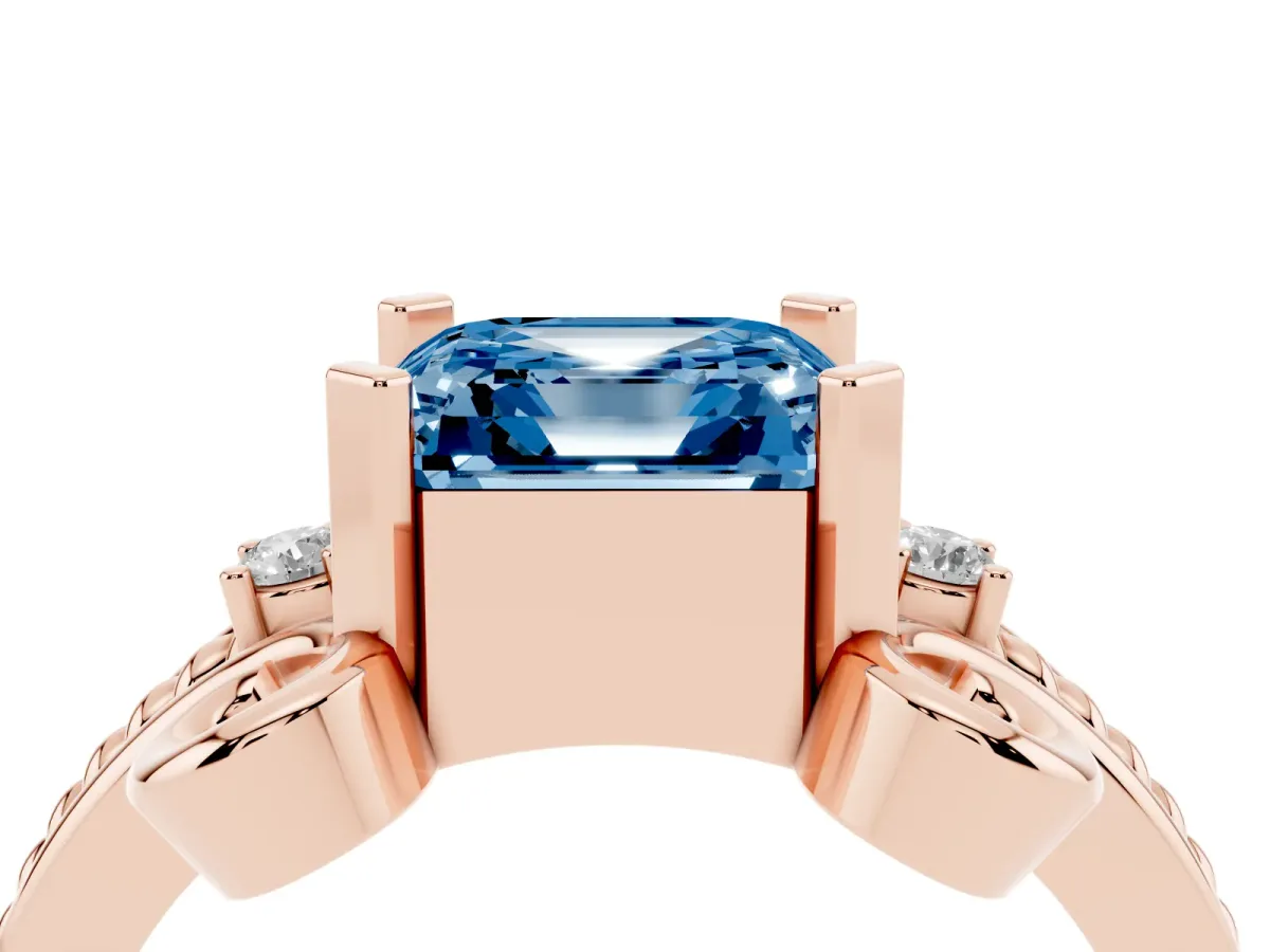 Fancy Blue Asscher Cut Solitaire Twisted Band Scroll Prong Ring Rose gold