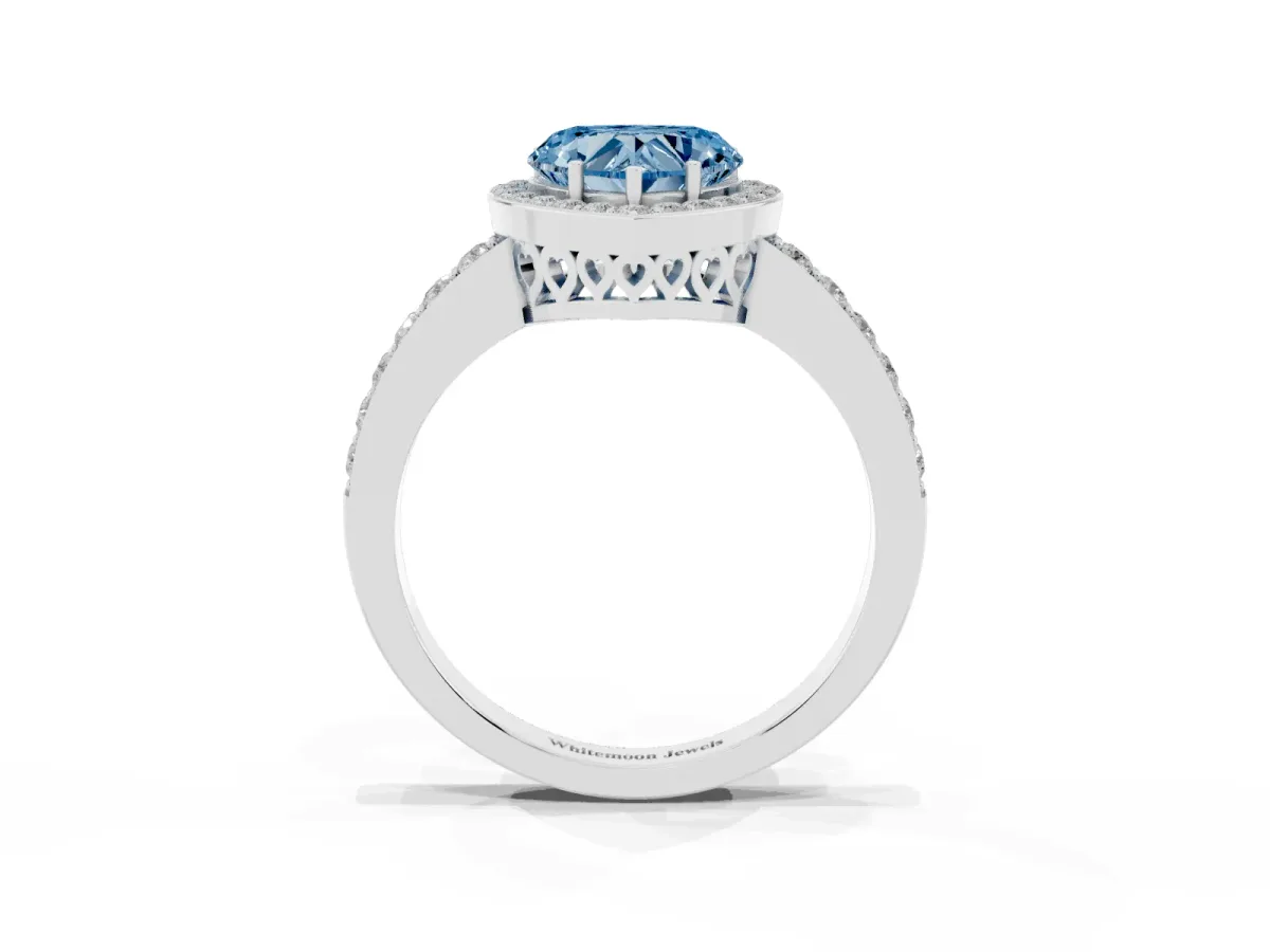 Fancy Blue Heart Cut Halo Diamond Pavé Band Ring with Prong Setting Silver