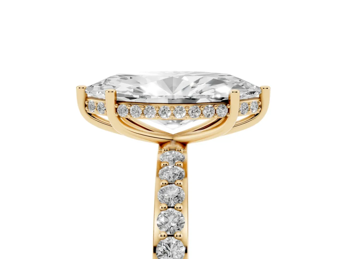 Marquise Cut Diamond Solitaire Ring with Pavé Band and Hidden Halo Yellow gold