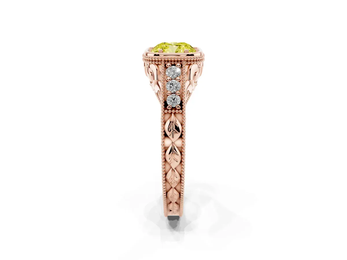 Fancy Yellow Bezel Set Cushion Cut Diamond Milgrain Pave Engagement Ring Rose gold
