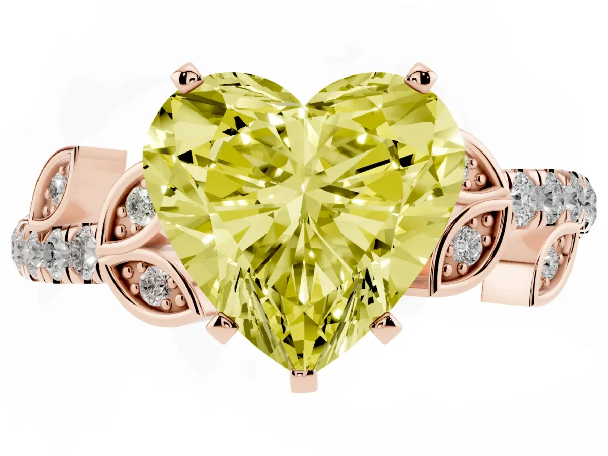 Fancy Yellow Heart Cut Solitaire Leaf-Inspired Diamond Ring with Pavé Band and Four-Prong Setting Rose gold