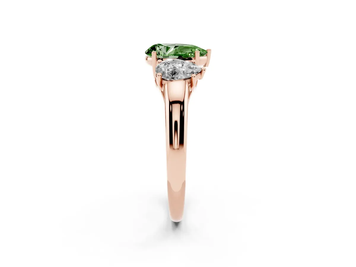 Fancy Green Three-Stone Pear Cut Diamond Engagement Ring with Prong Setting Rose gold
