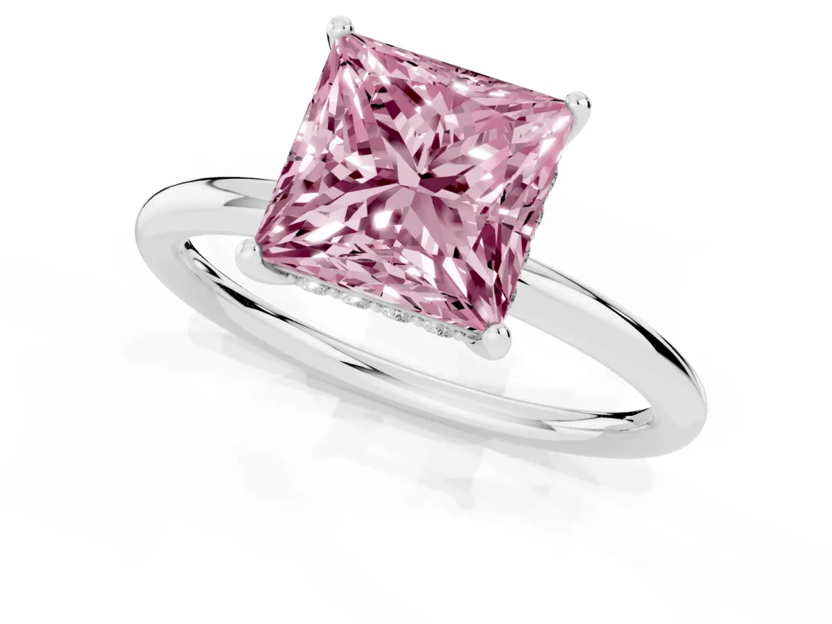 Fancy Pink Princess Cut Solitaire Diamond Ring with a Classic Band and Four-Prong Setting Platinum