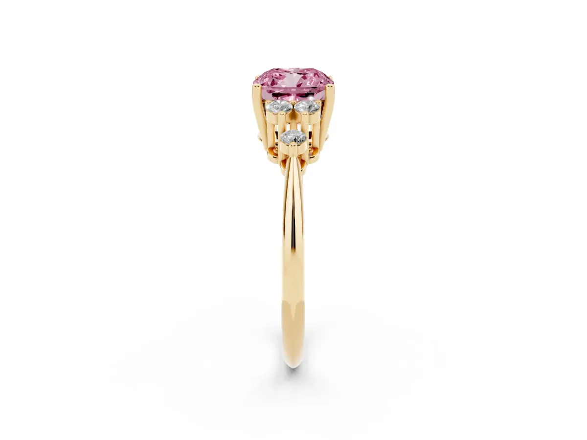 Fancy Pink Cushion Cut Cut Diamond Cluster Ring with Solitaire Band and Four-Prong Setting Yellow gold