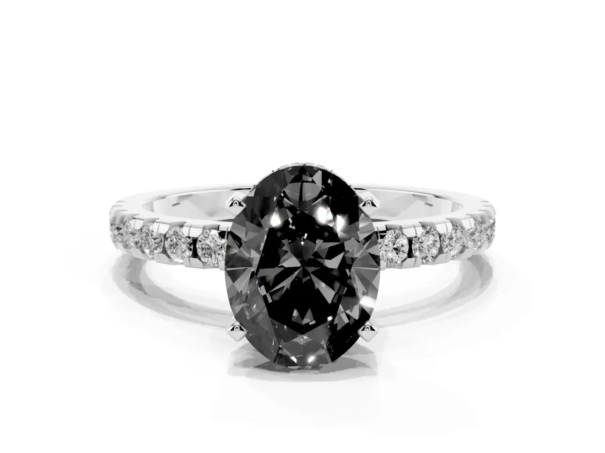 Fancy Black Oval Cut Diamond Solitaire Ring with Round Pavé Band and Four-Prong Setting Silver