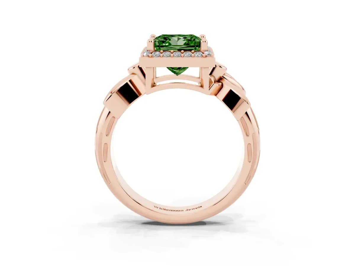 Fancy Green Princess Cut Halo Diamond Floral Band with Four-Prong Setting Rose gold