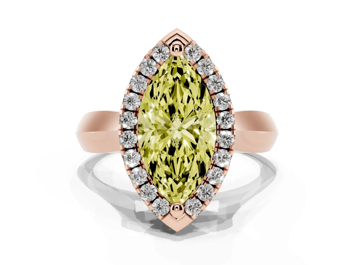 Fancy Yellow Marquise Cut Cut Halo Solitaire Engagement Ring with Square Band and Four-Prong Setting Rose gold