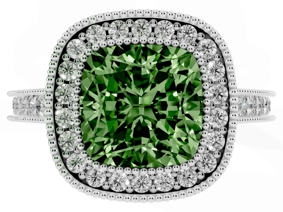 Fancy Green Halo Cushion Cut-Cut Diamond Pave Band Milgrain Prong Setting Ring Silver
