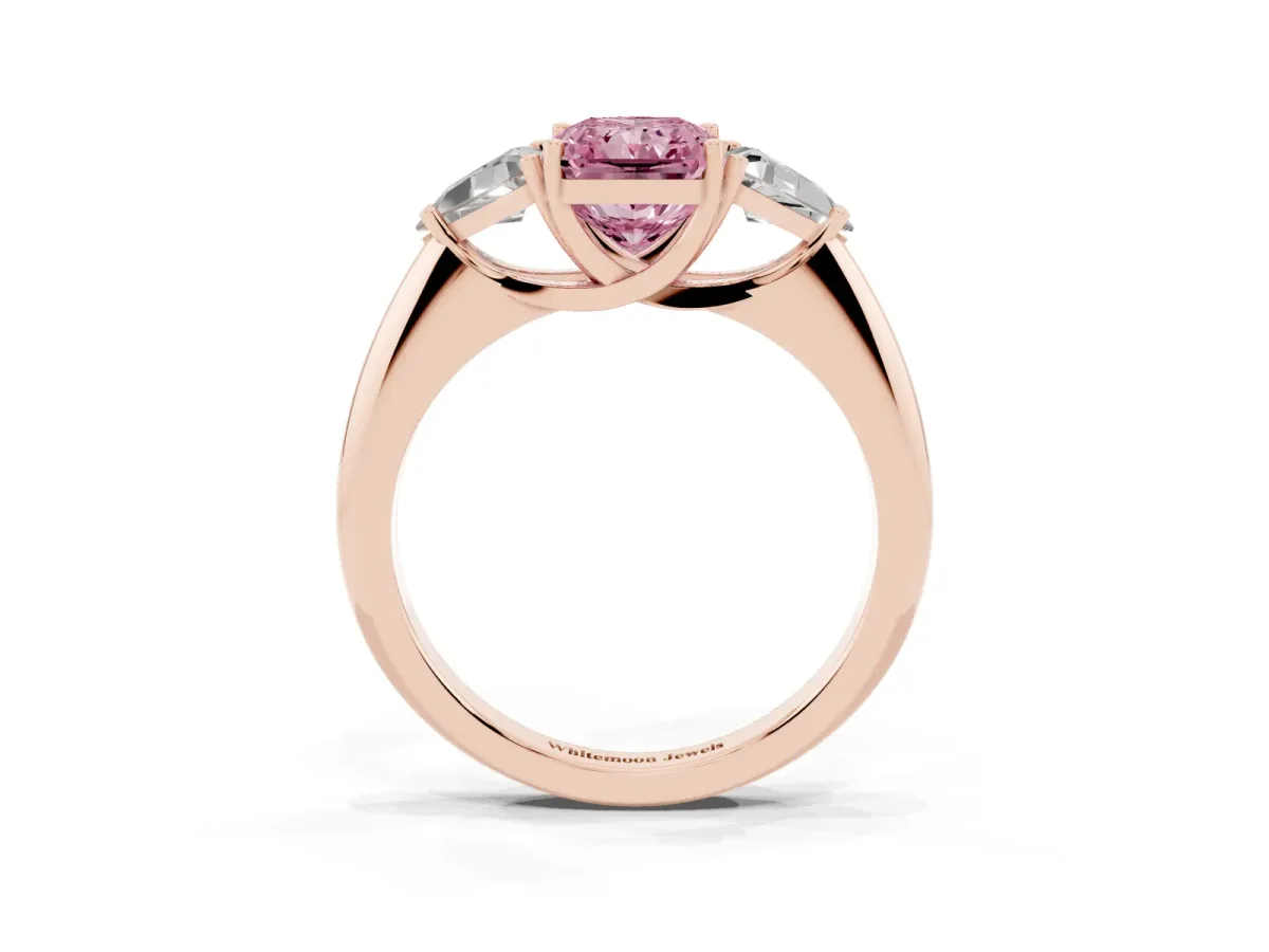 Fancy Pink Three-Stone Radiant Cut Diamond Engagement Ring with Trillion Side Stones and Prong Setting Rose gold