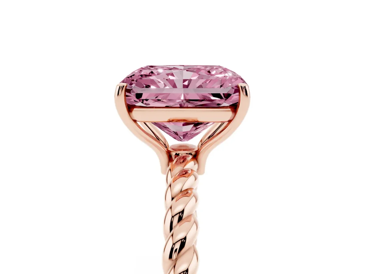 Fancy Pink Radiant Cut Solitaire Twist Band Ring with Four-Prong Setting Rose gold