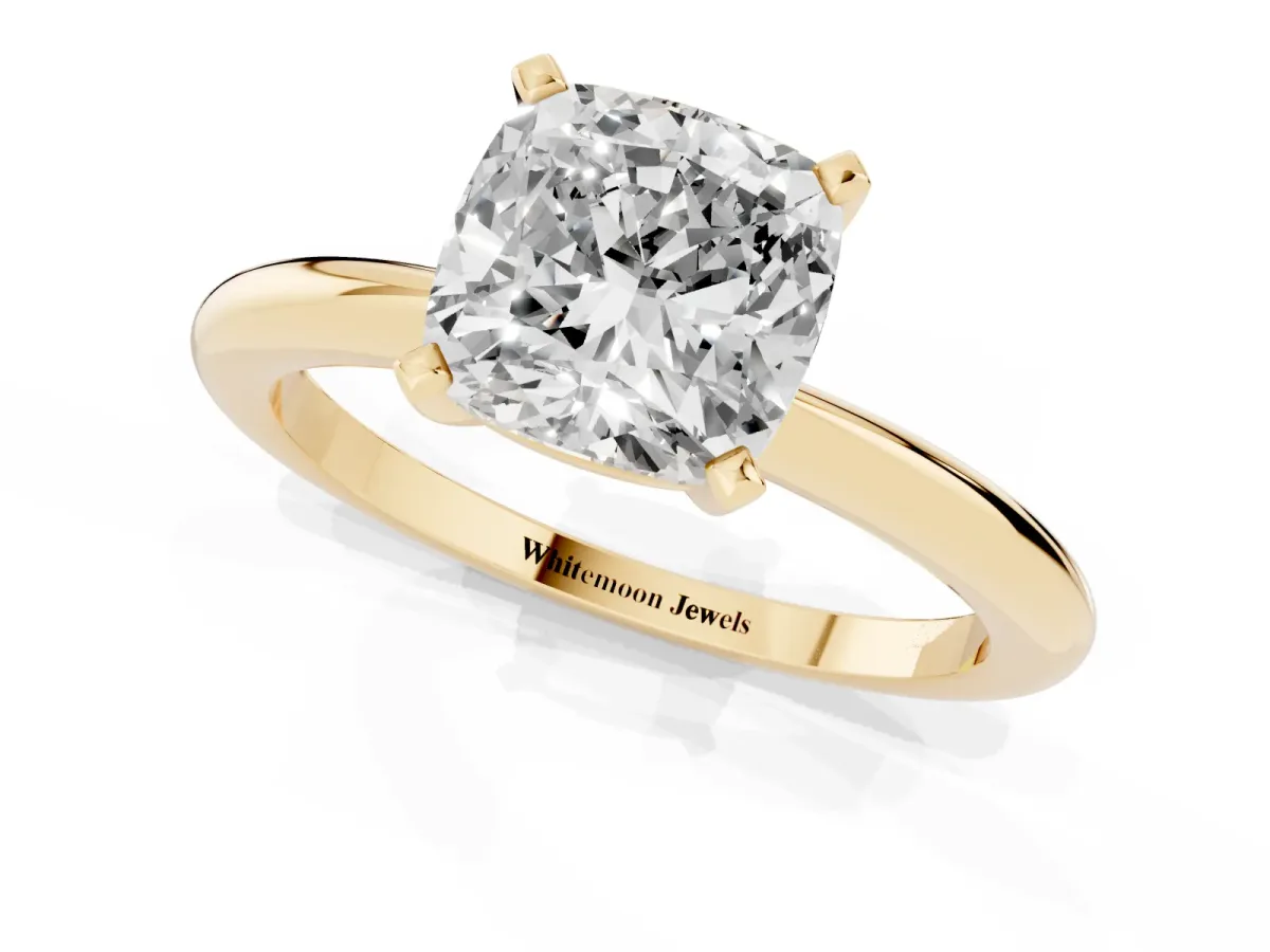 Cushion Cut Diamond Solitaire Ring with Prong Setting and Classic Band Yellow gold