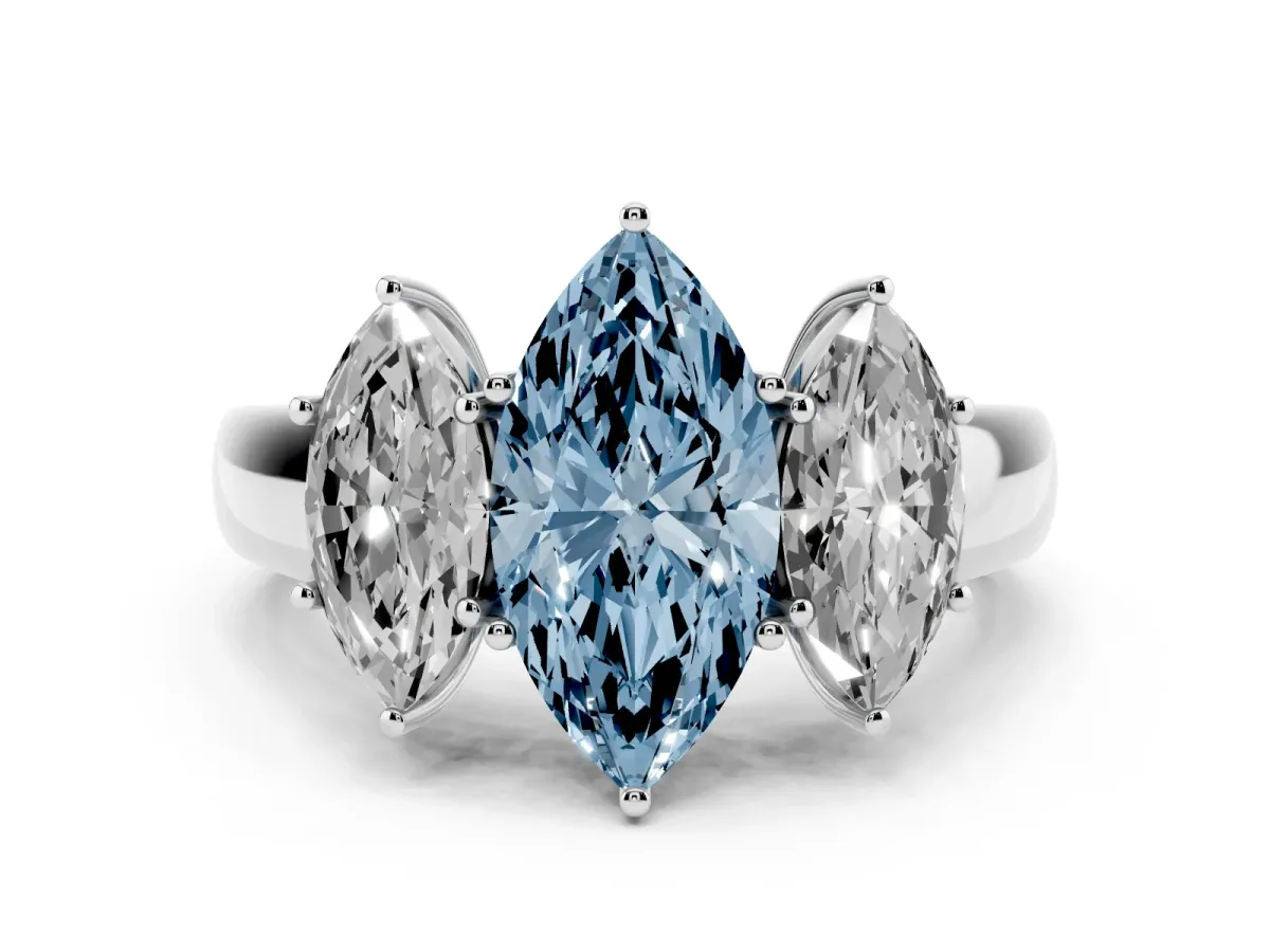 Fancy Blue Three-Stone Marquise Cut Cut Diamond Ring with Prong Setting and Classic Band Silver